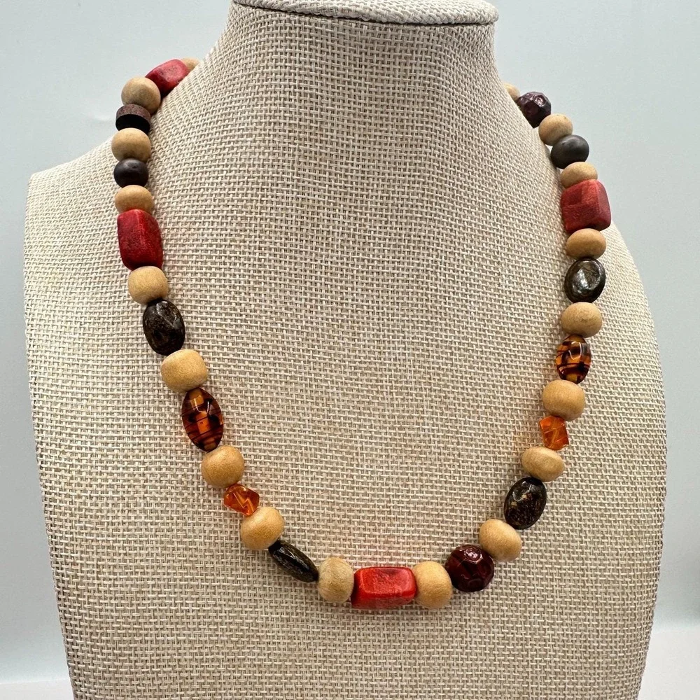 Vintage Y2K‎ Eclectic Earthy Necklace Jasper Wood Amber Natural Beaded Jewelry